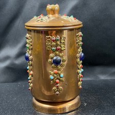 Antique Jeweled Copper Canister Ornate Filigree Glass Cabochon Lidded Jar 5.25in picture