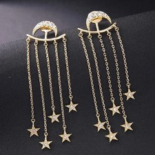 Star Moon 2 in 1 Tassel Dangle Convertible Earrings Jacket 18K Yellow Gold Over picture