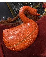 Vintage 1960s Large Carved Red Lacquer Duck-Shaped Lidded Trinket Box picture