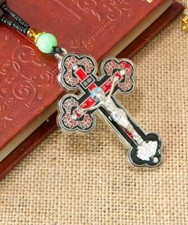 Orthodox Silver Color Red Black Enamel Crucifix Cross Pectoral Necklace Cristo picture