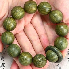 20mm *12 Pcs Round Beads Natural Grade A Green Wood Carved Bracelet Lucky Rosary picture