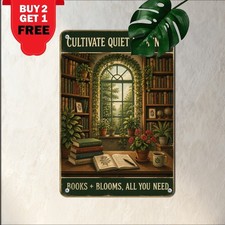 Garden Library Reading Nook Decor Sign Vintage Country Botanical Metal Plaque picture