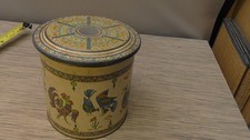 Vintage Colorful Roosters Metal Tin Box Container Round Chickens fox folkart picture