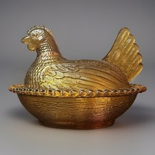 Vintage Indiana Glass Amber Hen on Nest Covered Dish Beaded Rim picture