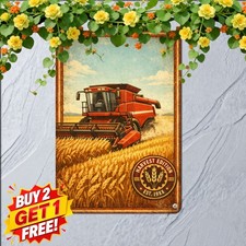 vintage farm harvest scene red combine harvester golden picture