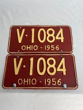 Ohio 1956 License Plates Pair V-1084 Red Yellow Embossed Metal Wall Art Mancave picture
