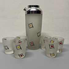 Vintage MCM Frosted Glass Cocktail Shaker Set Atomic Geometric Squares 6 Glasses picture
