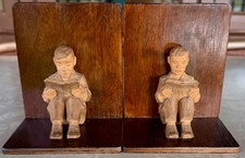 Vintage Hand Carved Wood Bookends Boy Reading 700VPL Alpine Folk Art picture