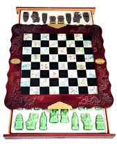 Vintage Chinese Chess Set Dragon Carved Folding Board Jade Style Resin Pieces Co picture