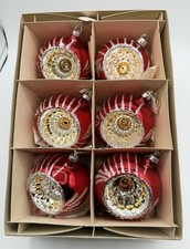 Vintage West Germany Christmas Ornaments Set 6 Red Deep Indent Reflector Glitter picture
