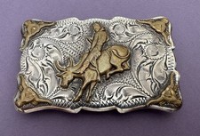 Vintage Mid 20th C Sterling Silver Bullrider Longhorn Steer Frontier Belt Buckle picture