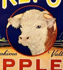 Antique 1930s Hereford Apples Crate Label 🐂 Yakima Selah WA Historic Americana picture
