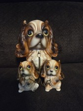 Vintage Cavalier King Charles Cocker Spaniel Puppy Dog 3pc Ceramic Figurine picture