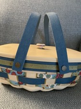 Longaberger Med Oval Storage Basket w/ Lid & Handle Floral Woven Wood & Insert  picture