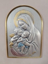 Sterling Silver 925 Virgin Mary Madonna Child Jesus Framed Art Gold Accent ITALY picture