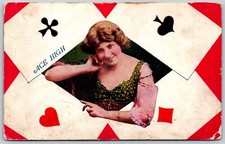 1908 Flirty Woman with Playing Cards Ace High RARE ANTIQUE Postcard picture