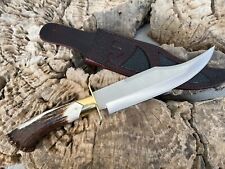 17'' Custom Made Fixed Blade Hunting Bowie knife Stag Handle with Leather Sheath picture
