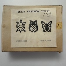 Vintage 1970s Cast Iron Trivet Set – Turtle Owl Butterfly – Made in Taiwan – NOS picture