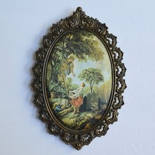 Ornate Metal Frame Silk Fabric Artwork Image Print Vintage Oval picture