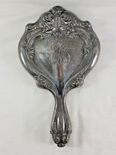Antique Art Nouveau Floral Rose Silver Plate Ornate Hand Vanity Mirror Monogram picture