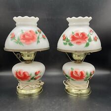 VTG Pair Of Hurricane Lamps With Hand Painted Roses 14 1/2” Tall picture