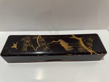 Vintage Japanese Style Black Lacquer Box Gold Crane Pine Bird Motif 15 Inch picture