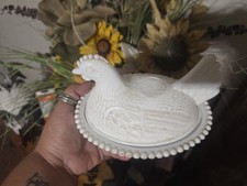 Vintage Indiana White Milk Glass Chicken Hen on Nest 2 pc Candy Dish 7