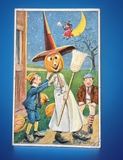 Antique Embossed Halloween Postcard Pumpkin Head Witch Jack O Lantern Moon Kids picture