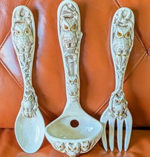 VTG 1978 Owls Big Spoon Fork Ceramic Wall Decor Cream Speckled Amber Eyes picture