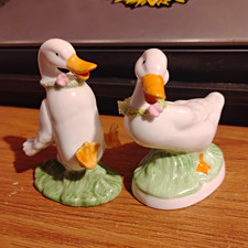 Bone China Duck/Goose Figurines Set 2pc White Green Floral Detail picture