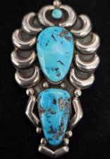 Early Ondelacy Family Zuni Sterling Silver Turquoise Pin Brooch Pendant 22.7 Grs picture
