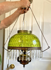 HUGE 14” Green Optic Glass Hanging Swag Hurricane Lamp Brass w/Crystals MCM picture