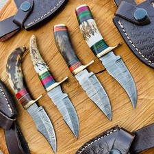 RL-02 Lot of 4 Damascus Steel Hunting/skinner knives Stag and Ram Horn Handle picture