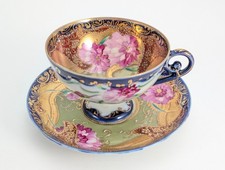 Antique Nippon Hand Painted Porcelain Pedestal Teacup Saucer Moriage Gold Peony picture