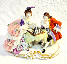 #4 Figurine Antique German Dresden Lace Man and Woman Playing Chess picture