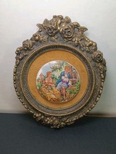 Antique Vtg Fragonard Couple Porcelain Medallion Framed Limoges Art Nouveau picture