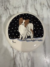 Vintage Hand Painted Papillon Dog Ceramic Trinket Box Signed By Joan 2.5 x 4.5” picture