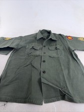 Vintage 60s 70s US Army OG-107 Button-Up Shirt Distressed Thunderbird Patches picture