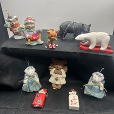 Lot Of 10 Vintage Teddy Bear Theme Christmas Ornaments flocked Plush Ceramic picture