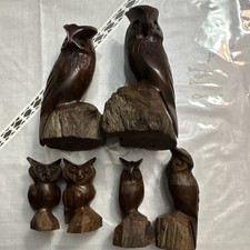 Lot of 6 Vintage Hand Carved Ironwood Owl Figurines MCM Wooden Owl Family Statue picture