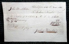 1821 antique JOHN McALLISTER TUITION RECEIPT philadelphia pa to JOSHUA KIMBER picture