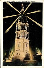 City Hall Clock Tower Night Scene Philadelphia PA WB Postcard Tichnor VTG UNP picture