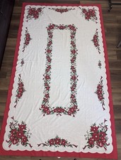 Vintage Christmas Poinsettia Tablecloth Xtra Large 60x102 Brazil Cotton Poly picture