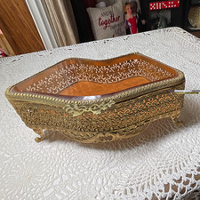 Vintage Ornate Gold Metal Filigree Jewelry Trinket Box Glass Lid Velvet Interior picture