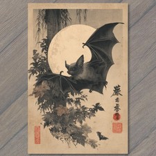 POSTCARD Japanese Woodblock Flying Bat Full Moon Ukiyoe Night Kanji Red Seals picture