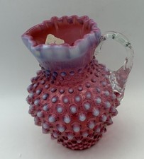Fenton Pitcher Hobnail Pink Cranberry Opalescent 6” Clear Handle Orig Price Tag picture