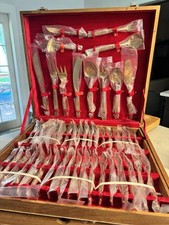 Vintage Thai Bronzeware Brass Flatware 144 Pc Complete Set for 12 Wood Case NOS picture