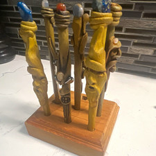 VTG Set of 6  Magic Wand Hard Resin Pens w/Wooden Display Stand - gemstone Tips  picture