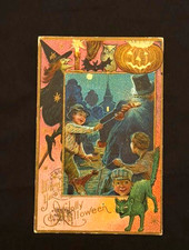 ANTIQUE HALLOWEEN POSTCARD – E. NASH CO. SERIES No. 4 – EMBOSSED GREEN CAT picture