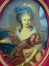 Antique French Hand Painted Portrait Picture Photo Frame Red Velvet Convex Glass picture